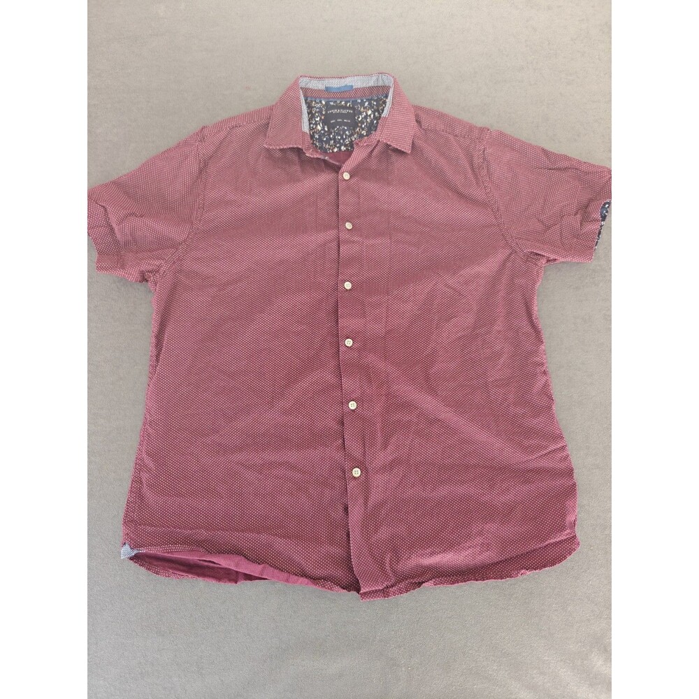 Denim & Flower Ricky Singh Men's Large Burgundy Dot Print Short Sleeve Button Up